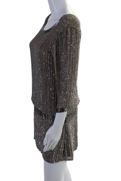 Parker Womens Silk Sequin Round Neck Long Sleeve Mini Dress Taupe Size XS