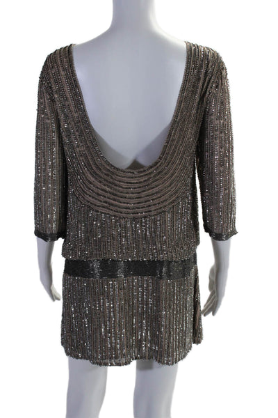 Parker Womens Silk Sequin Round Neck Long Sleeve Mini Dress Taupe Size XS