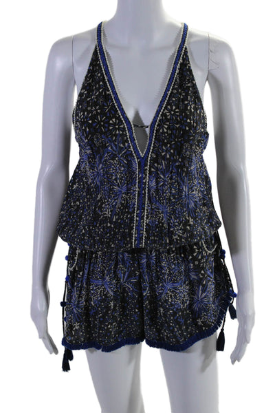 Poupette St. Barth Womens Silk Abstract Pleated Sleeveless Romper Navy Size M