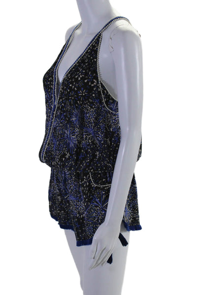 Poupette St. Barth Womens Silk Abstract Pleated Sleeveless Romper Navy Size M