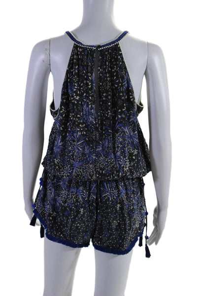 Poupette St. Barth Womens Silk Abstract Pleated Sleeveless Romper Navy Size M