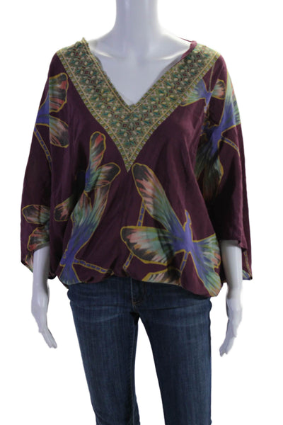 RaMona LaRue Womens Silk V-neck Long Sleeve Printed Blouse Purple Size XS