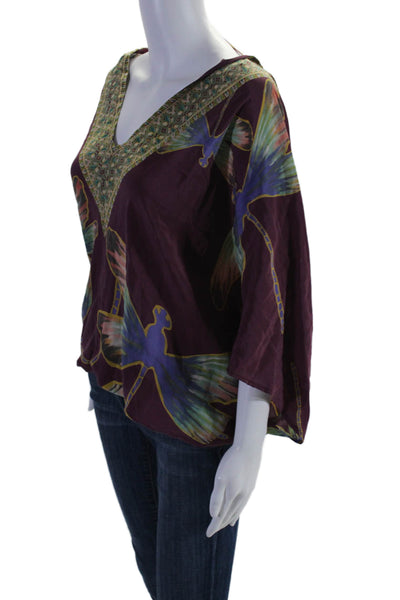 RaMona LaRue Womens Silk V-neck Long Sleeve Printed Blouse Purple Size XS