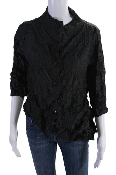 Sun Kim Womens Textured Crinkle Collar Button Up Blouse Black Size XS