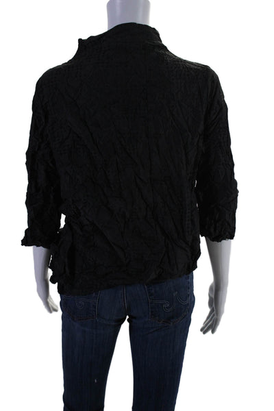 Sun Kim Womens Textured Crinkle Collar Button Up Blouse Black Size XS