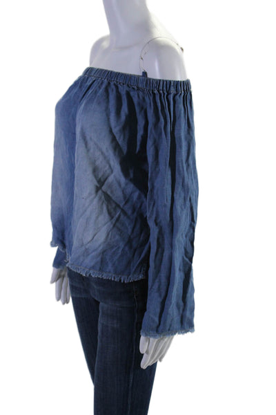 Bella Dahl Womens Texture Square Elastic Neck Long Sleeve Denim Top Blue Size XS