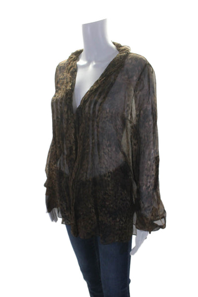 Elie Tahari Womens Silk Animal Print Long Sleeves Blouse Brown Black Size Medium