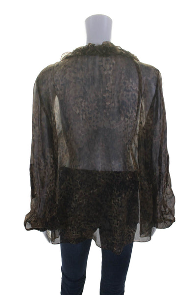 Elie Tahari Womens Silk Animal Print Long Sleeves Blouse Brown Black Size Medium