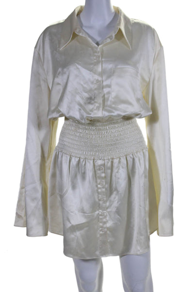 L'Academie Women's Collared Long Sleeves Smocked Waist Mini Dress Beige Size L