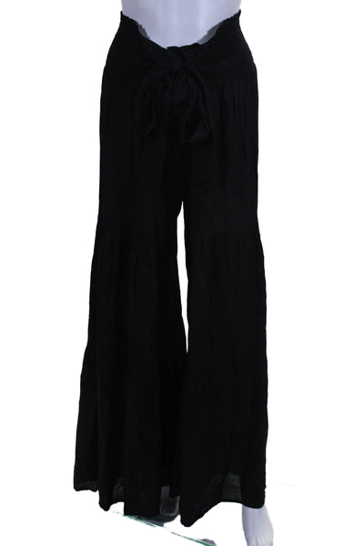 Elan Women's Smocked Waist Tiered Wide Leg Palazzo Pants Black Size L