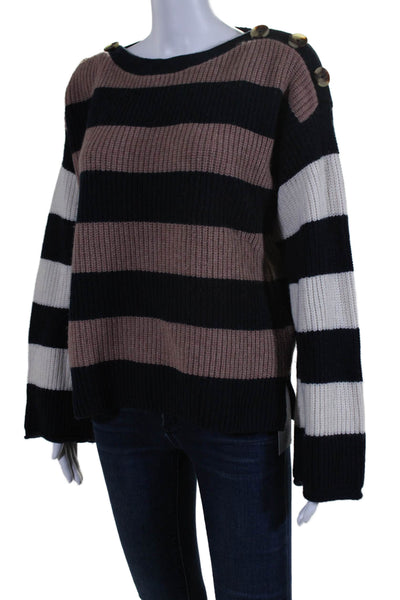 Madewell Womens Button Trim Crew Neck Striped Sweater Brown Navy White Medium