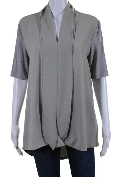 H By Halston Womens Short Sleeve V Neck Mixed Media Top Shirt Gray Size Small