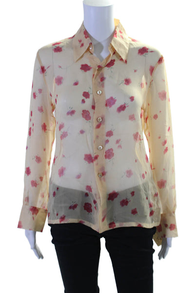 Equipment Womens Silk Pink Floral Sheer Collar Button Front Blouse Top Size S