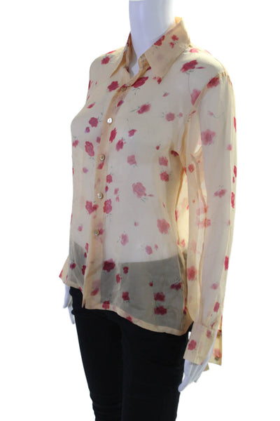 Equipment Womens Silk Pink Floral Sheer Collar Button Front Blouse Top Size S