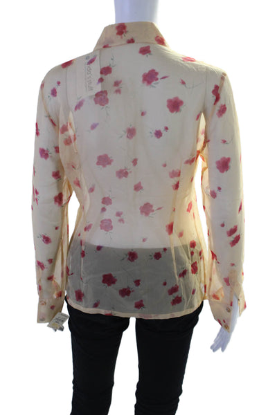 Equipment Womens Silk Pink Floral Sheer Collar Button Front Blouse Top Size S