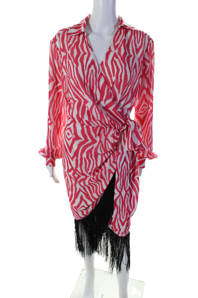 Toccin Womens Collared Belted Long Sleeve Fringe Animal Print Wrap Dress Pink Si