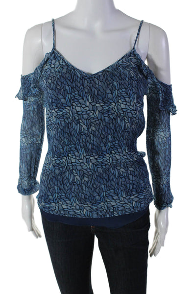 Ramy Brook Womens Silk Long Sleeve V-neck Printed Layer Blouse Blue Size XS