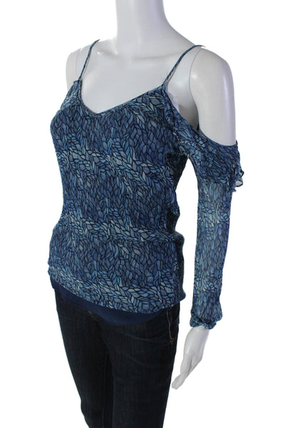 Ramy Brook Womens Silk Long Sleeve V-neck Printed Layer Blouse Blue Size XS