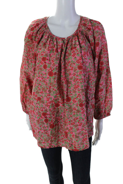 Roller Rabbit Womens Cotton Round Neck Floral Long Sleeve Blouse Pink Size M