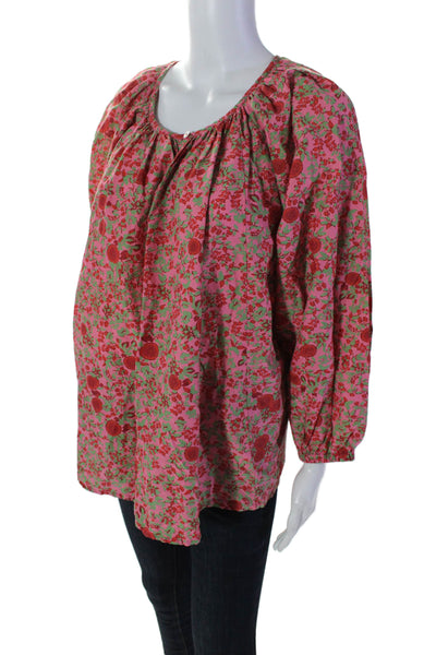 Roller Rabbit Womens Cotton Round Neck Floral Long Sleeve Blouse Pink Size M