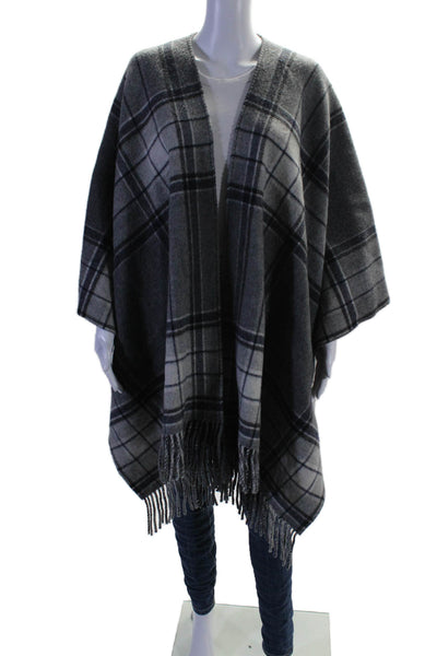 Theory Womens Wool Open Front Plaid Fringe Trim Shawl Gray Size OS