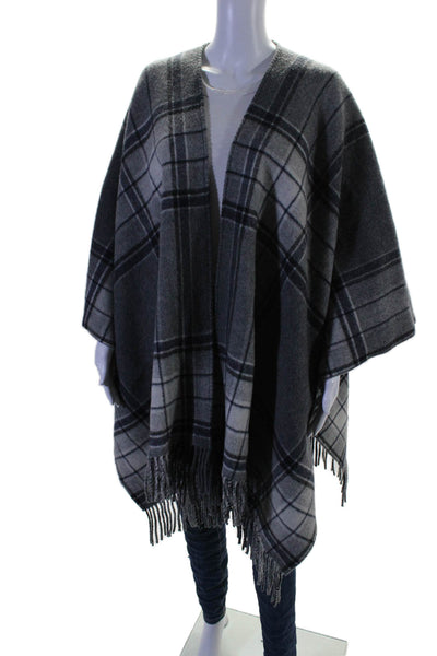 Theory Womens Wool Open Front Plaid Fringe Trim Shawl Gray Size OS