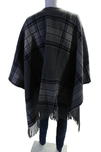 Theory Womens Wool Open Front Plaid Fringe Trim Shawl Gray Size OS