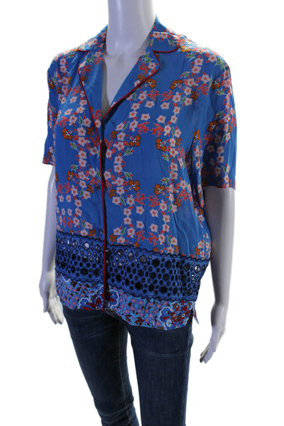 Sandro Womens Blue Floral Cut Out Detail Short Sleeve Button Front Shirt Size 1