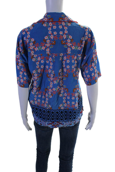 Sandro Womens Blue Floral Cut Out Detail Short Sleeve Button Front Shirt Size 1