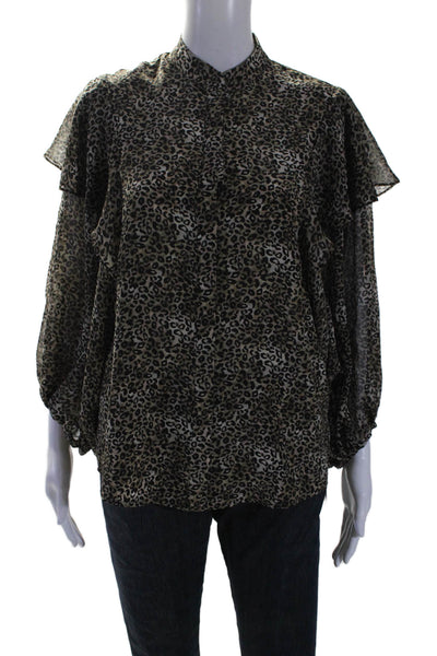 Saloni Women's  Round Neck Long Sleeves Ruffle Silk Blouse Animal Print Size 4