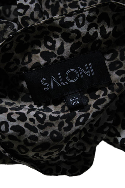 Saloni Women's  Round Neck Long Sleeves Ruffle Silk Blouse Animal Print Size 4