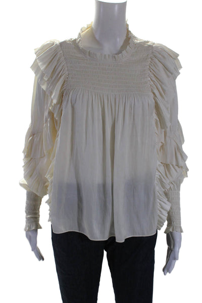 Ulla Johnson Women's Round Neck Ruffle Long Sleeves Smocked Blouse Cream Size 2