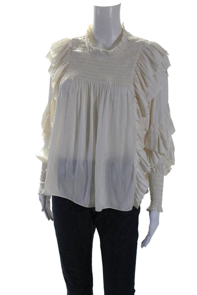 Ulla Johnson Women's Round Neck Ruffle Long Sleeves Smocked Blouse Cream Size 2