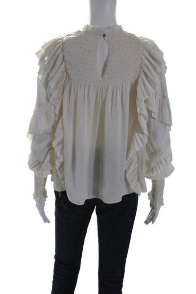 Ulla Johnson Women's Round Neck Ruffle Long Sleeves Smocked Blouse Cream Size 2