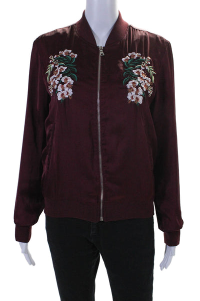 Aqua Womens Front Zip Floral Embroidered Satin Bomber Jacket Red Size Small