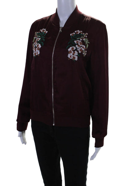 Aqua Womens Front Zip Floral Embroidered Satin Bomber Jacket Red Size Small