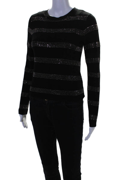 Alice + Olivia Womens Wool Ribbed Beaded Long Sleeve Top Black Size XS