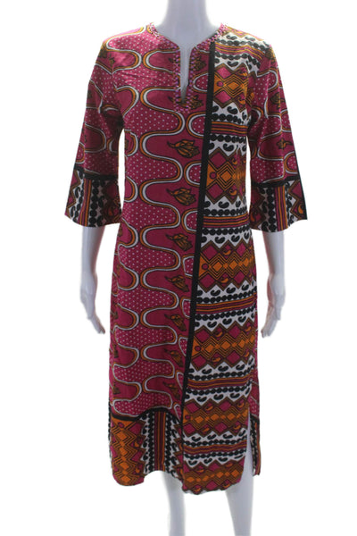 Maasai Womens Floral Geometric Print Long Sleeves Dress Pink Orange Cotton Size