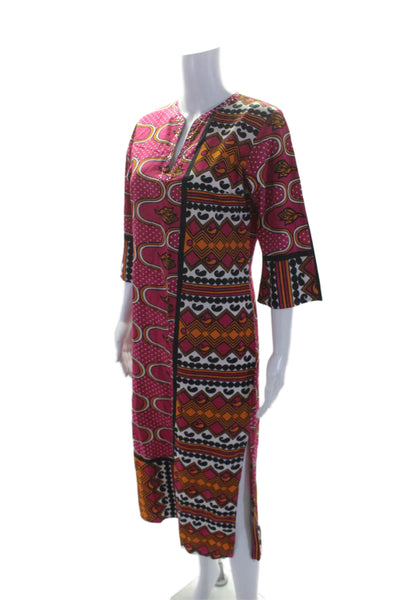 Maasai Womens Floral Geometric Print Long Sleeves Dress Pink Orange Cotton Size