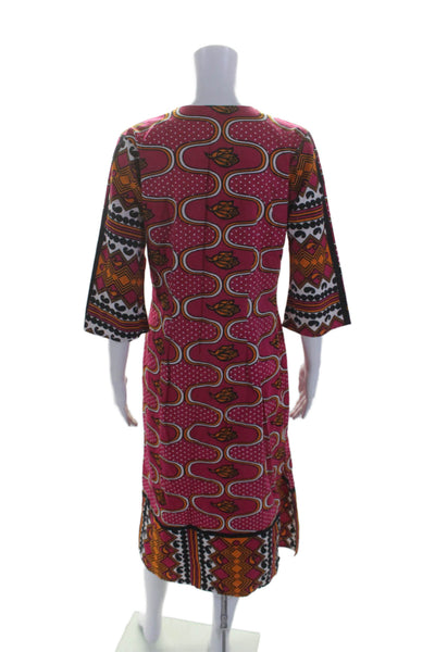 Maasai Womens Floral Geometric Print Long Sleeves Dress Pink Orange Cotton Size