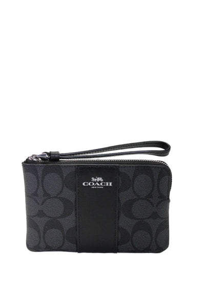 Coach Womens Monogram Canvas Silver Tone Zipper Closure Wristlet Handbag Black