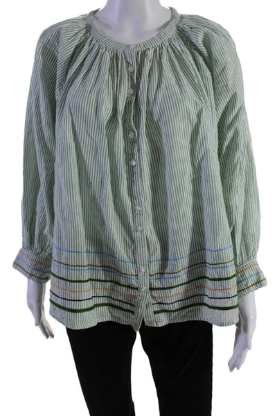 Roller Rabbit Womens Striped Button Down Shirt Green White Cotton Size Small