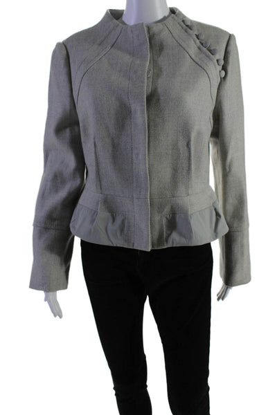 BCBG Max Azria Womens Button Down Pleated Trim Jacket Gray Wool Size Large