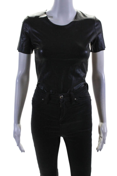 Commando Women's Round Neck Short Sleeves Faux Leather Bodysuit Black Size S