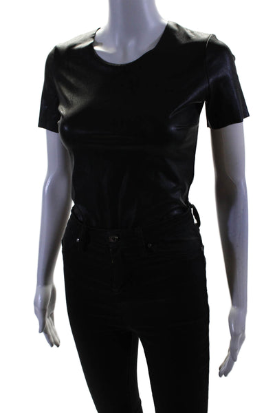 Commando Women's Round Neck Short Sleeves Faux Leather Bodysuit Black Size S