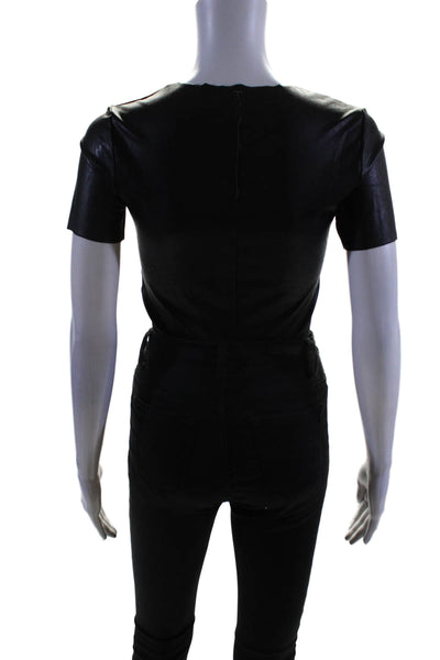 Commando Women's Round Neck Short Sleeves Faux Leather Bodysuit Black Size S