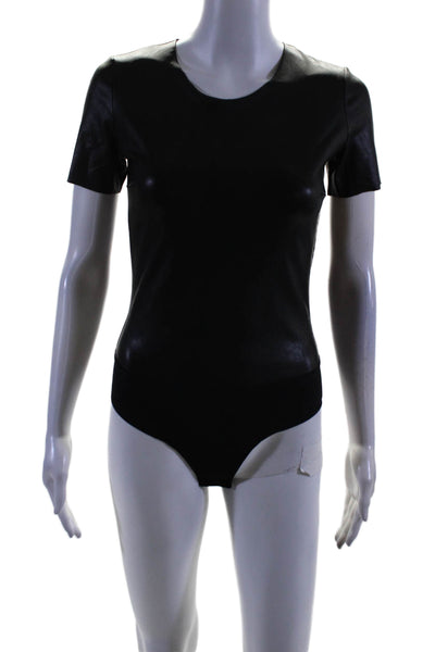 Commando Women's Round Neck Short Sleeves Faux Leather Bodysuit Black Size S