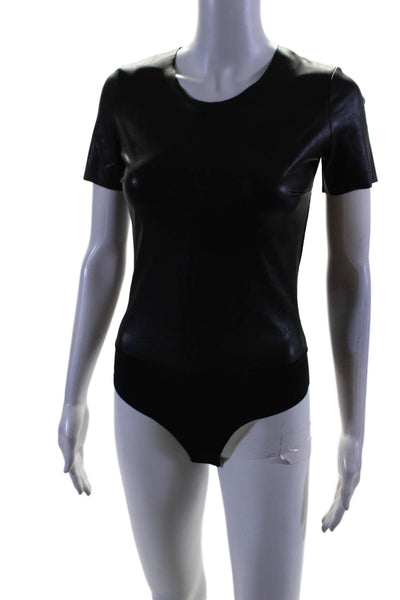 Commando Women's Round Neck Short Sleeves Faux Leather Bodysuit Black Size S