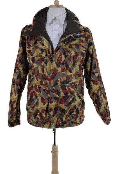 Burton Mens Front Zip Hooded Feather Printed Light Jacket Brown Red Size Small