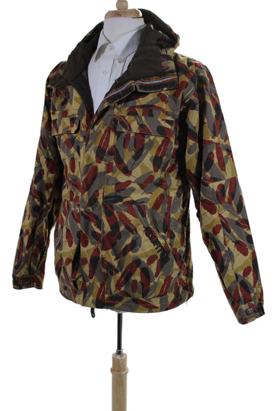 Burton Mens Front Zip Hooded Feather Printed Light Jacket Brown Red Size Small